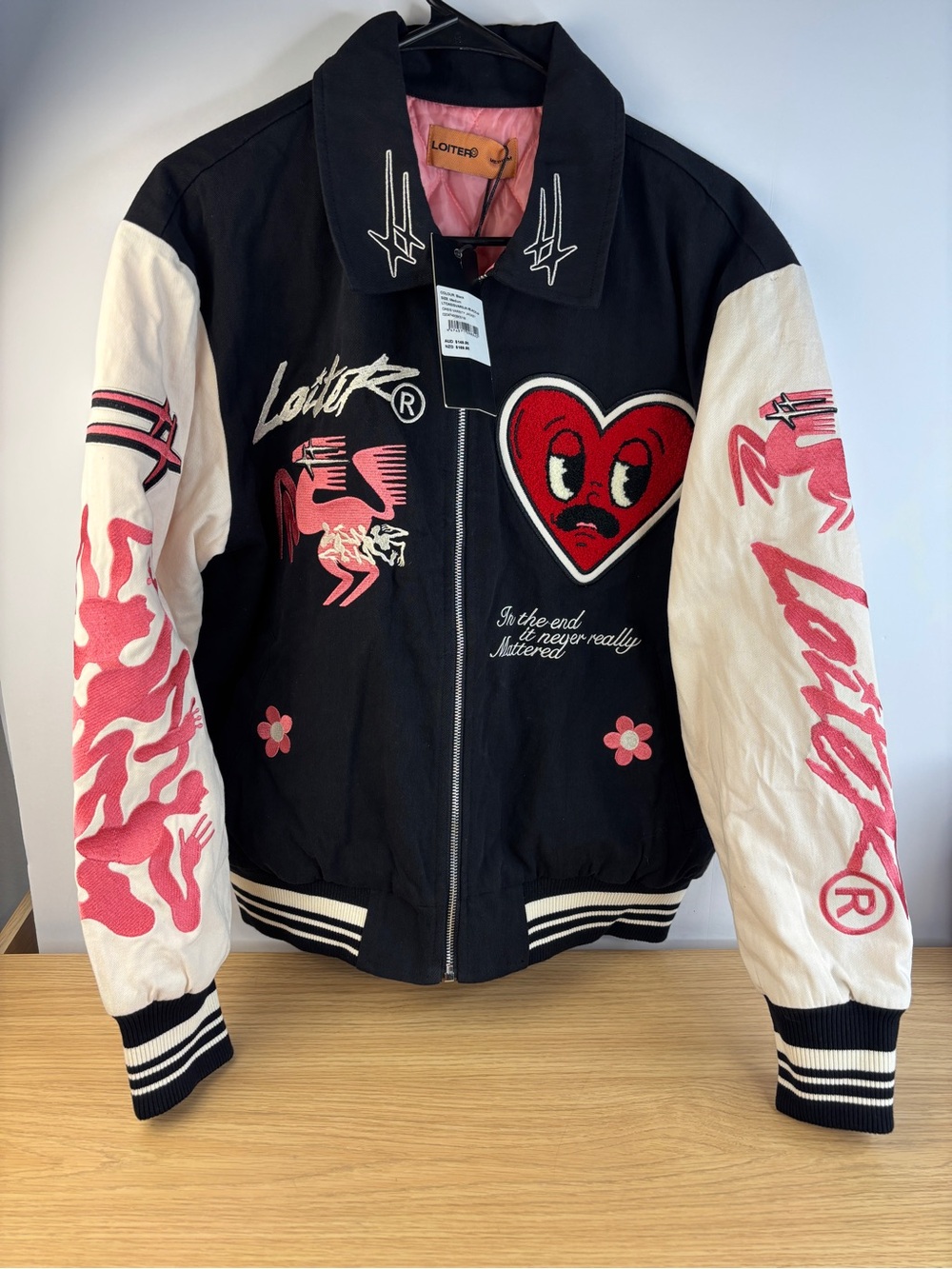 Loiter Oasis Varsity Jacket in Medium Black,White & Pink Streetwear NWT! Unisex